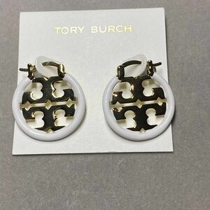 Tory Burch Gold and White Logo Earrings